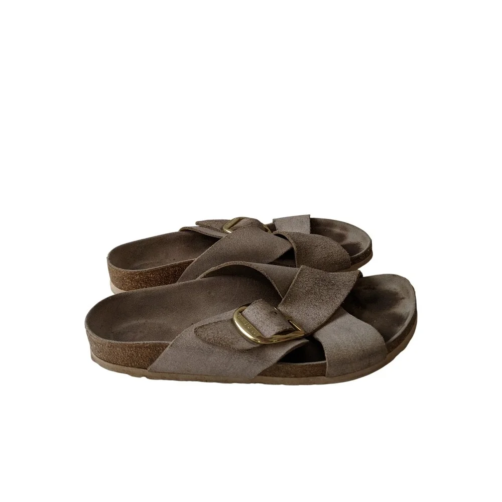 Birkenstock Siena Big Buckle Metallic Taupe Suede Slide Sandals Womens 42 L11 M9